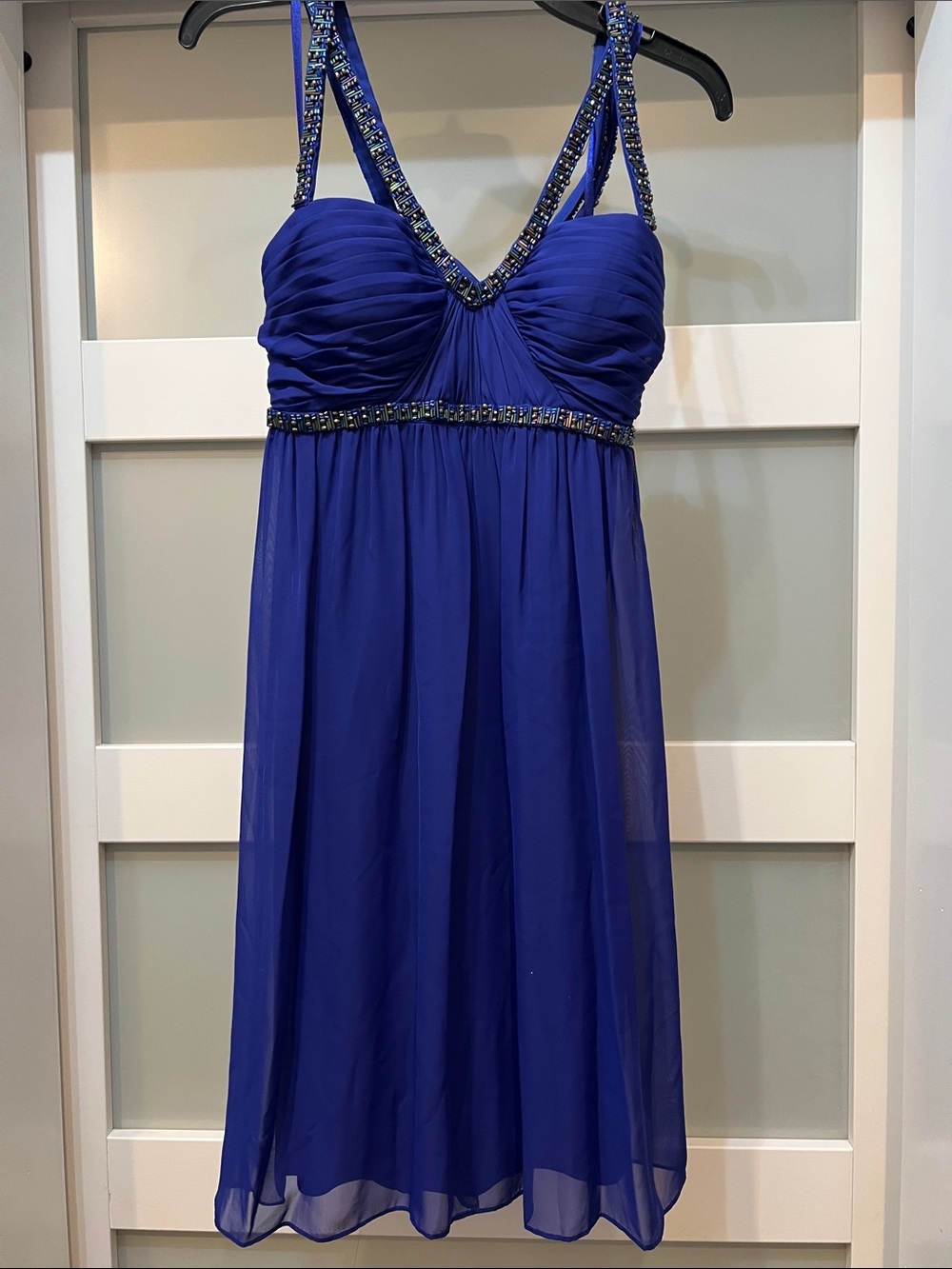 Adrianna Papell Royal Blue Beaded Empire Waist Cocktail Dress